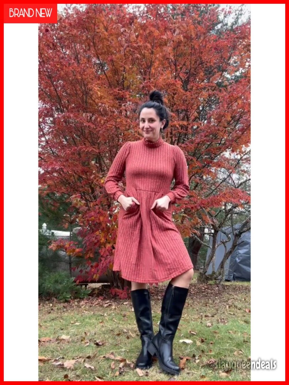 Womens Long Sleeve Sweater Dress Set Pockets Turtleneck Puff Cuff - Picture 6 of 6